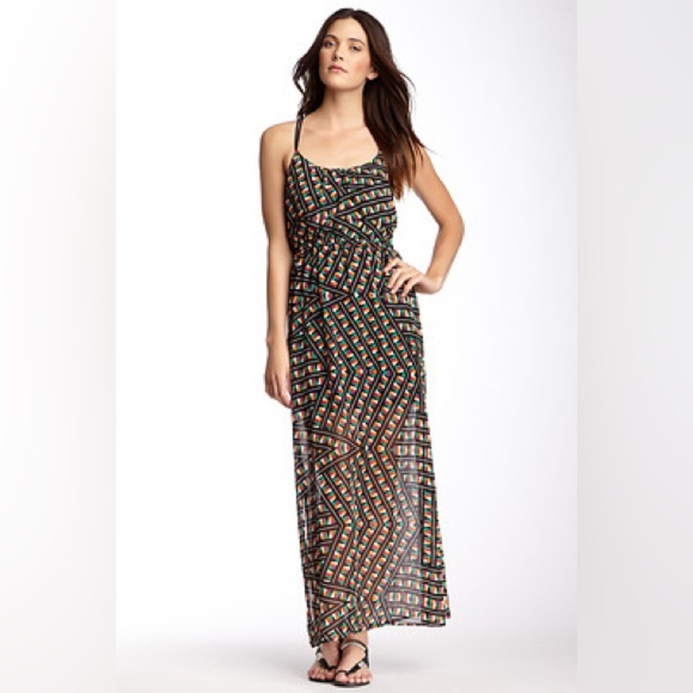 SOCIALITE Multi Strappy Sleeveless Geo Woven Maxi Black Multi Color Dress Size M